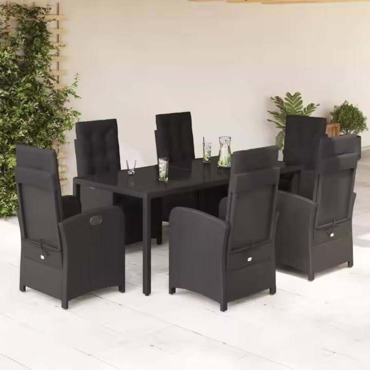 vidaXL Set de comedor de jardín 7 pzas y cojines ratán sintético negro - 1