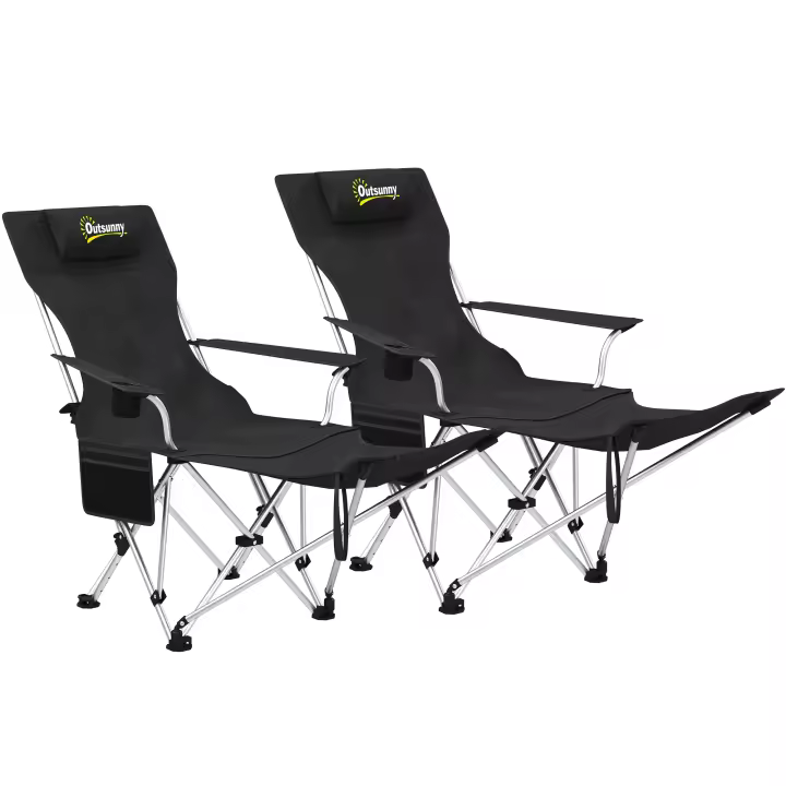 Outsunny Conjunto de 2 Sillas Plegables Camping Tumbonas Camping Portátiles con Reposapiés Desmontable Reposacabezas Portavasos y Bolsa Lateral Carga 120 kg para Jardín Playa Pesca Negro - 1