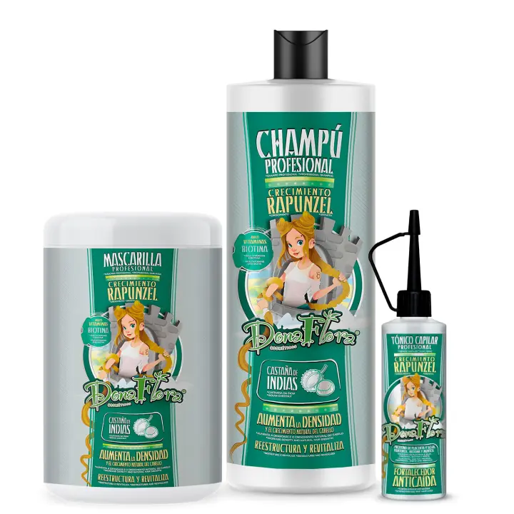 Pack Dona Flora Rapunzel Total: Champú 1000ml + Mascarilla Capilar 1000ml + Tonico Capilar 70ml - Crecimiento para Todos los Tipos de Cabello con Vitaminas, Biotina y Extracto de Castaño de Indias - Vendido por Beauty World Distributor - 1