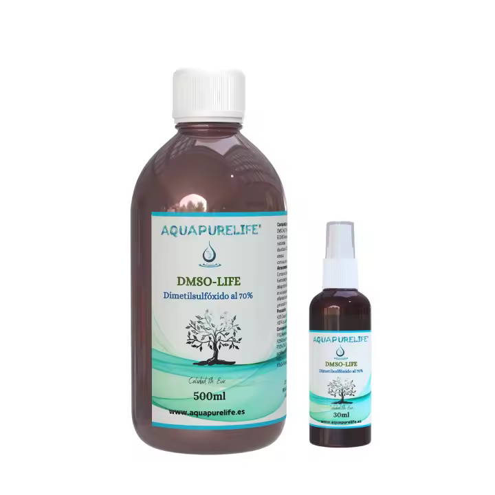 AQUAPURELIFE® DMSO al 70% de 500 ml con gotero - Dimetilsulfóxido Pureza Ph - orgánico de uso general - Envasado en Botella de Cristal Ámbar - Incluye spray 30ml - 1