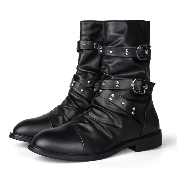 Botas De Motociclista Para Hombre Con Remaches Y Peluche Negro Cuero Genuino Botas De Bicicleta De Invierno Altas Para Exterior Diseñador Botas De Motorista - 1