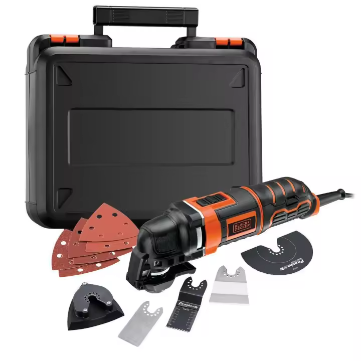 Black and Decker Multi-Herramienta Oscilante 300W, MT300KA-QS, velocidad variable 10.000 - 22.000 opm, ángulo oscilación 1,4°/2,8°. Incluye 12 accesorios para cortar/rascar/lijar y maletín - 1