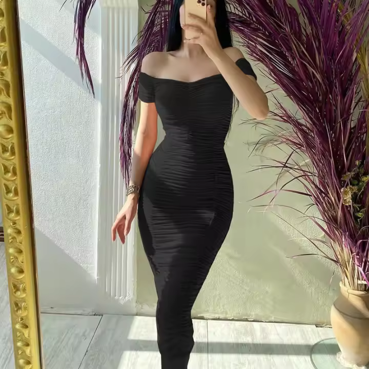 Vestido De Mujer Elegante De Verano Estilo Europeo Y Americano Color Sólido Falda Larga Pleated Uno Hombro Cierre De Pulsera - 1