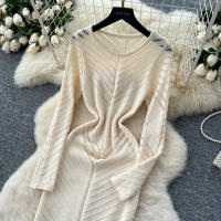 Vestido Largo Vintage De Cintura Alta REALEFT Para Mujer Con Cuello Redondo Manga Larga Y Abertura Lateral Vestido De Encaje Tricotado - details 23