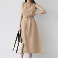 Vestido Largo De Verano Para Mujer Estilo Vintage De Algodón Y Lino Cuello Redondo Sin Mangas Cinturado Talla Grande Casual - details 7