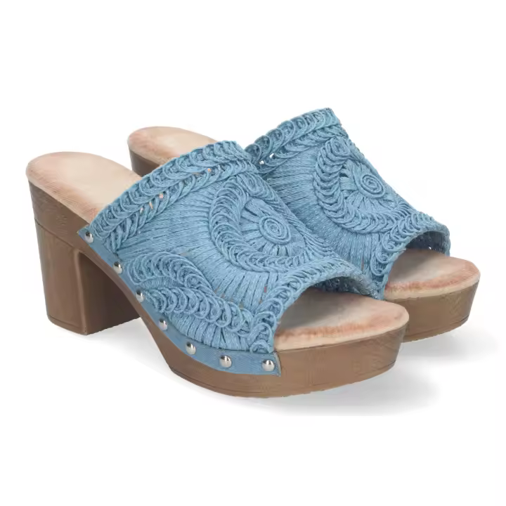 Davinia Shoes Zueco de Tacon Alto para Mujer, Comodo, Material de Imitacion a Madera, con Pala Bordada, Tachuelas, y Talon Abierto. Shoes&Blues.es DB-3178-Azul - 1