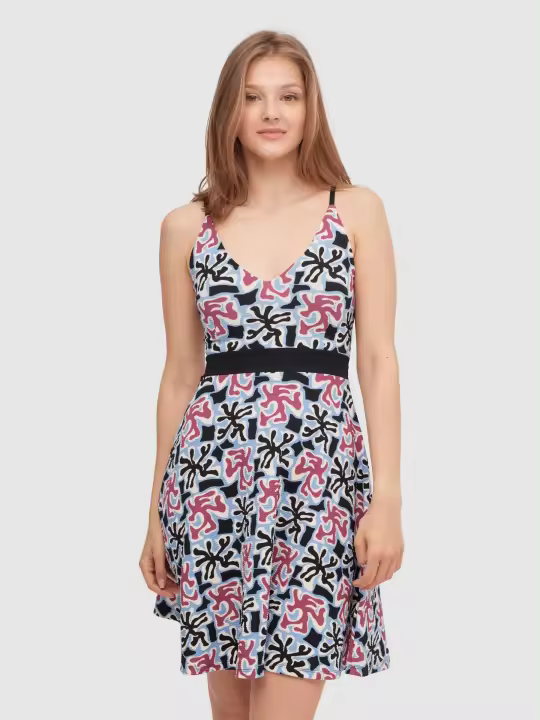 Vestido corto estampado con cinturilla ceñida, falda de vuelo, nido de abeja en espalda, tirantes ajustables y escote en pico INSIDE - 1