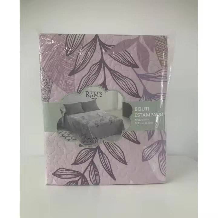 HIPERMANTA. Colcha Bouti ESTAMPADA para primavera-verano modelo RAMS para CAMA de 235 cm (230X260 cm) Color MALVA. - 1