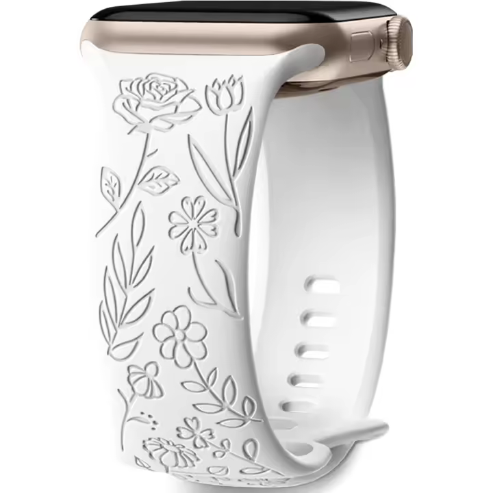 Correa con grabado floral compatible con Apple Watch de 38 mm, 40 mm y 41 mm para mujer. Correa de repuesto para iWatch Series SE 9, 8, 7, 6, 5, 4, 3, 2 y 1, color blanco. - 1