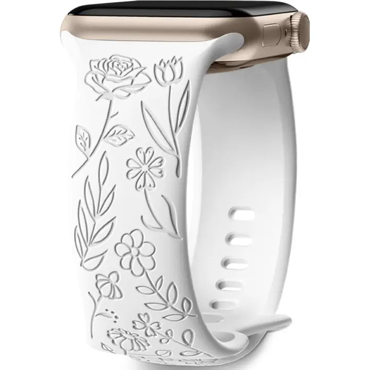 Correa con grabado floral compatible con Apple Watch de 38 mm, 40 mm y 41 mm para mujer. Correa de repuesto para iWatch Series SE 9, 8, 7, 6, 5, 4, 3, 2 y 1, color blanco. - 1