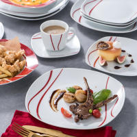 MALACASA-Serie Felisa-Juego 30 piezas de vajilla de porcelana para cena, conjunto de cena color blanco marfil con rayas rojas, con 6 piezas de tazas, ensaladera, platos de sopa, cena y postre - details 6