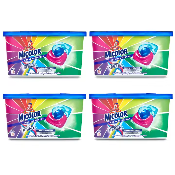 Micolor Detergente en Cápsulas Adiós al Separar 10 lavados (PACK 4 x 10 = 40 Lavados), Formato Cómodo y sostenible, Capsulas de Jabón Predosificadas para Ropa de Color, Poder quitamanchas, Protege los Colores y Evita Transferencias, Fregancia Duradera - 1