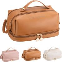 Bolsa de cosméticos de gran capacidad, bolsa de maquillaje de viaje de doble capa, bolsa de aseo portátil e impermeable para mujeres y niñas, Brown - details 0