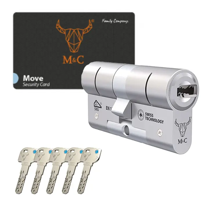 M&C Move Cerradura Puerta Bombín Alta Seguridad 32x32mm MC Anti Topolino Leva Larga Doble Embrague Seguridad Máxima SKG 3 Estrellas Anti Bumping Anti Taladro Color Plateado 5 Llaves Incluidas - 1