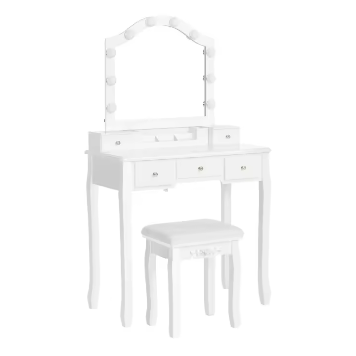 Tocador con luz led, mesa de maquillaje, taburete acolchado, 10 luces, organizador extraíble, 5 cajones, idea de regalo para dormitorio, color blanco - 1