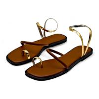 Sandalias Planas de Mujer con Punta Cuadrada, Tira Dedo y Pulsera Tobillera Metálica en Dorado y Plateado, Diseño Minimalista y Elegante para Verano, Playa o Eventos Casuales - details 4