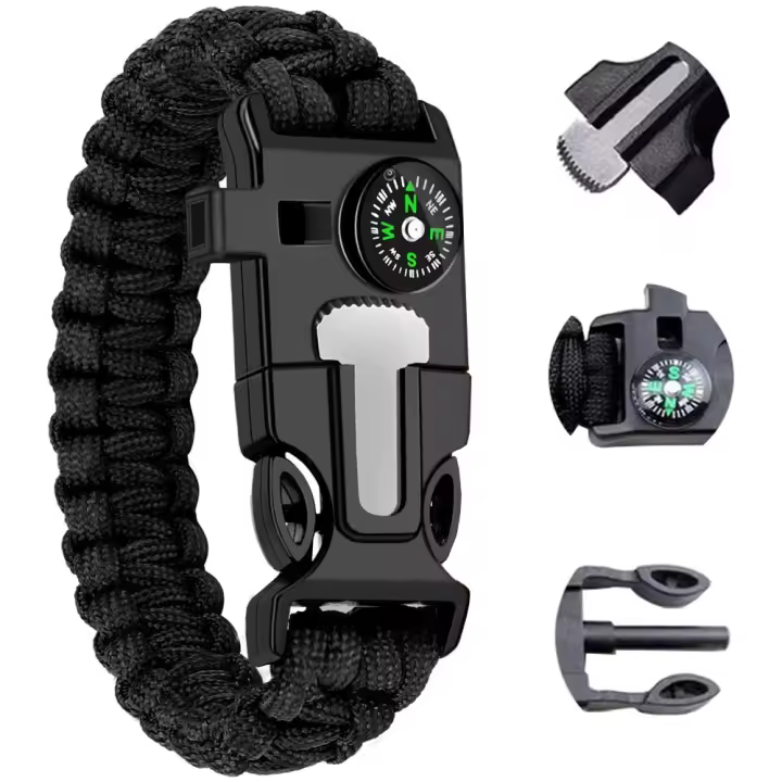 Pulsera de Supervivencia equipada con Iniciador de Fuego de Ferrocerio, Silbato, Brújula, Mini Sierra, Cuerda de Rescate Fuerte, Tamaño de Banda Ajustable, Camping, Kit de Emergencia, Montaña, senderismo, impermeable - 1
