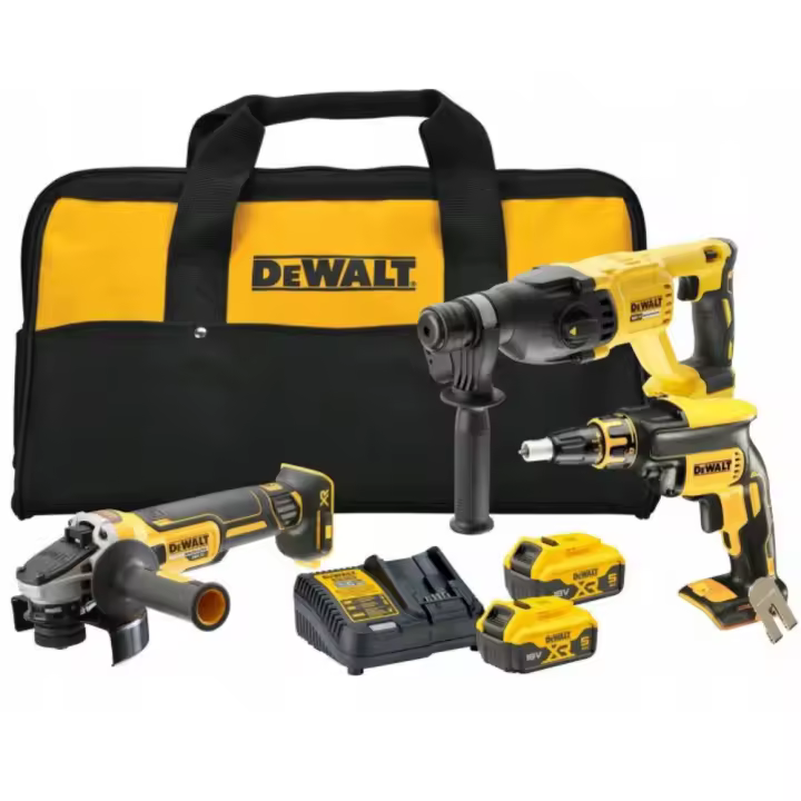 DEWALT DCK304P2-QW - Kit panel yeso Atornillador + Taladro Martillo + Amoladora + 2bat 5Ah + cargador + bolsa - 1