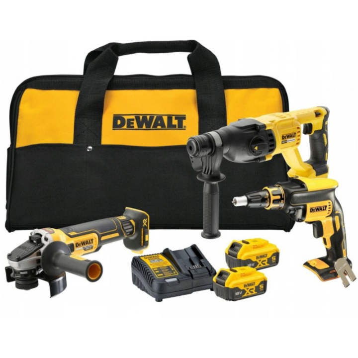 DEWALT DCK304P2-QW - Kit panel yeso Atornillador + Taladro Martillo + Amoladora + 2bat 5Ah + cargador + bolsa