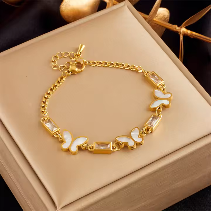 Pulsera De Moda Para Mujeres Con Encanto De Mariposa De Cristal Cuadrado Blanco En Acero Inoxidable 316L Pulsera De Cierre De Hombro Joyería Regalo Para Niñas - 1