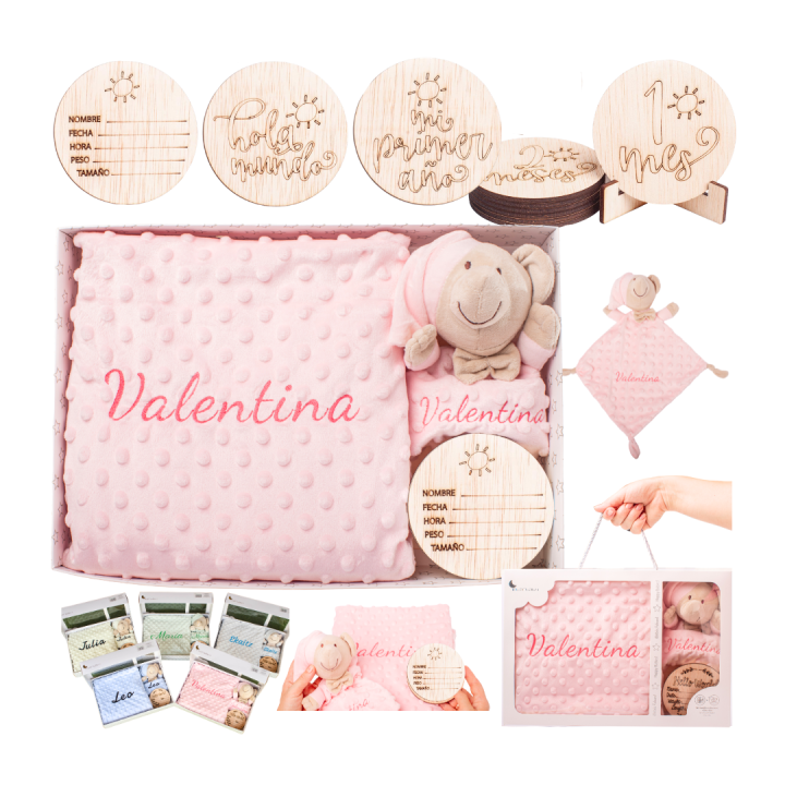 Canastilla Bebé Personalizada con Nombre – Manta Bordada + Dou Dou + Placas Cumplemes | Regalo Recién Nacido Niño Niña | Olesea
