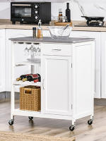 Carro de Cocina con Ruedas Carrito de Servicio con 1 Cajón Estantes Extraíbles Botellero para 4 Botellas y Armario para Comedor Salón Carga 40 kg 76x48x88 cm, Madera de ingeniería, Blanco - details 1
