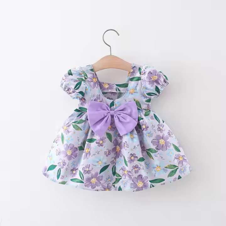 Vestido De Verano Para Niñas Con Gran Lazo En La Espalda Y Mangas Burbuja Estampado Floral Vestido De Princesa De Cuello Cuadrado - 1