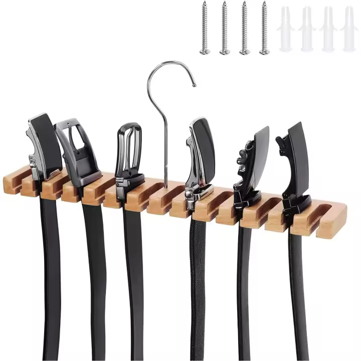 Percha de 14 cinturones para armario, organizador de cinturones 2 en 1 de madera para pared, con gancho giratorio (beige) - 1