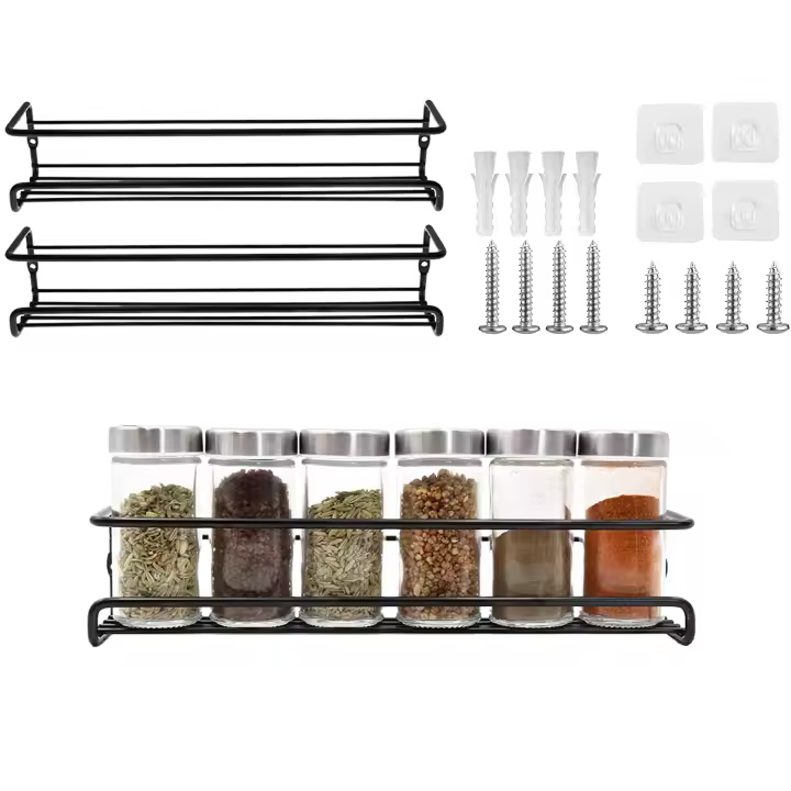 Juego de 2 estantes organizadores sin taladro, especiero de metal para paredes y gabinetes de cocina, negro, negro - 29,2 x 6,5 cm - 1