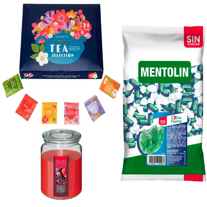 Lote respira: MENTOLIN EXTRA FUERTE S/A BOLSA 1KG + Vela perfumada de frutos rojos + Set de Te con 24 bolsitas con diferentes sabores y aromas - 1