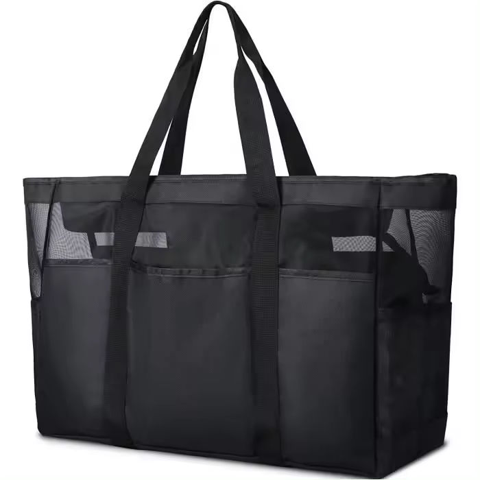 Bolsa de Playa extragrande con Cremallera, Malla, Gran capacidad, múltiples bolsos, color Negro - 1