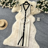 Vestido Largo Sin Mangas De Verano Para Mujer REALEFT V-neck Cintura Imperio Slim Alineado Hasta La Cintura De Poliéster - details 17