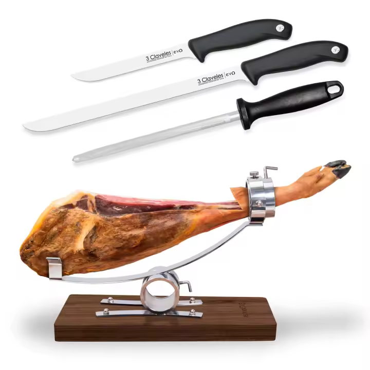 3 Claveles - Kit Soporte Jamonero Basculante en Acero y Madera con Cuchillos y Chaira - 1
