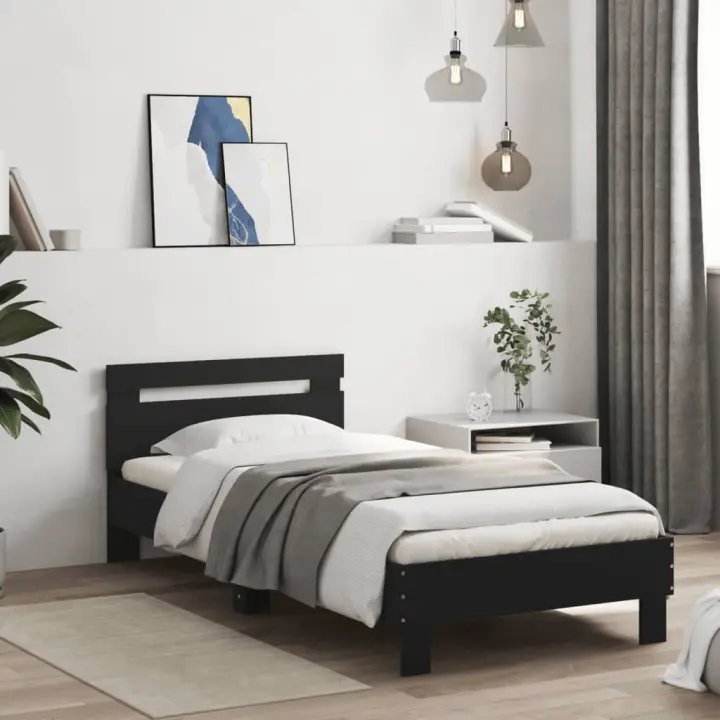 Estructura cama con cabecero madera ingeniería negro 90x200 cm - 1