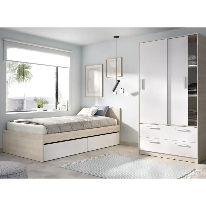 DEKIT GRUPO RIMOBEL TOP PACK - CONJUNTO DE CAMA CON 2 CAJONES Y ARMARIO DE 2 PUERTAS CORREDERAS Y 4 CAJONES - BLANCO / NATURAL - 1