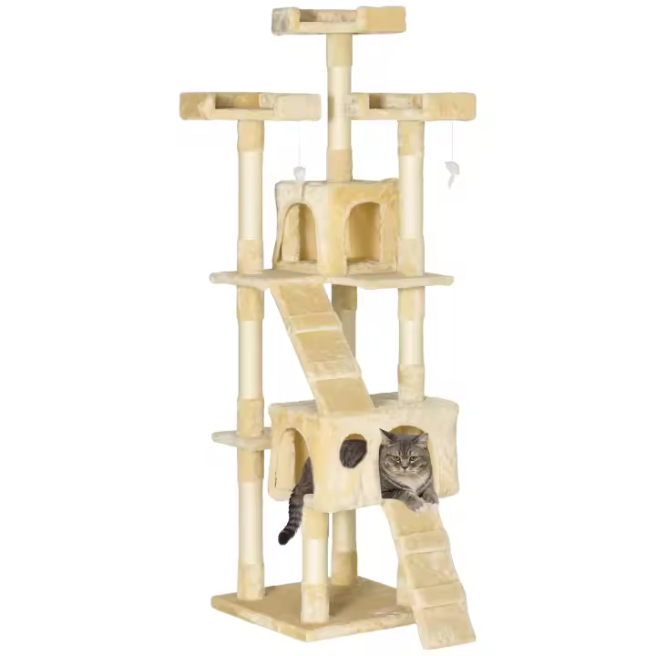 PawHut Árbol Rascador para Gatos Grande 49x49x173 cm con Múltiples Niveles con Cuevas Escaleras Juguetes Colgantes Camas Centro Actividades Sisal Gris - 1