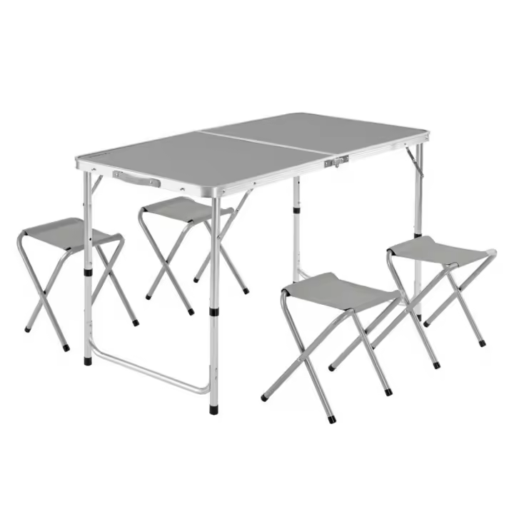Lolahome - Mesa Plegable de Camping y 4 Taburetes de Aluminio y Loneta Gris 60x120x70 Cm - 1