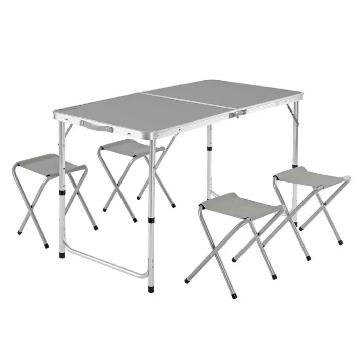 Lolahome - Mesa Plegable de Camping y 4 Taburetes de Aluminio y Loneta Gris 60x120x70 Cm - 1