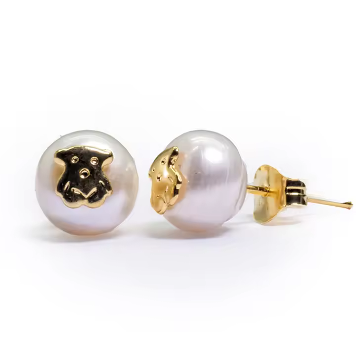 Pendientes Plata Chapado Gold 24Kt: Oso con Perla Cultivada, Elegancia de Lujo por - 1