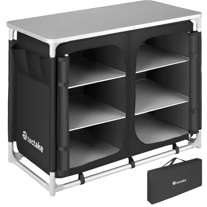 Tectake - Cocina de camping 97 x 47,5 x 78 cm | Bolsillo lateral con tres compartimentos | Compartimentos con cierre de cremallera y placas interiores reforzadas con aluminio | Patas ajustables en altura - 1