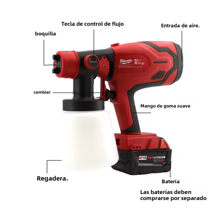 Pistola De Pulverización Eléctrica Milwaukee 800ml Alta Energía Vida Útil Larga Potencia Ajustable Forma Batería De Litio 21V Herramienta Eléctrica - 1