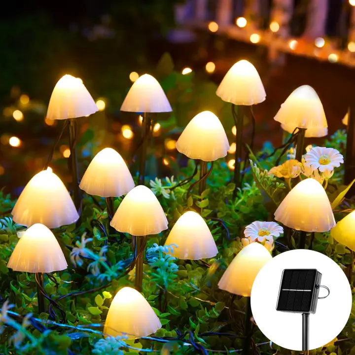 Luces solares para jardín con forma de hongo para exteriores, 50 luces LED de 23 pies, impermeables para exteriores, para vallas, luces solares para caminos decorativos - 1