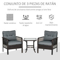 Outsunny Set de Muebles de Ratán 3 Piezas de Jardín 2 Sillones 65x66x75 cm y Mesa de Vidrio Templado 50x50x50 cm con Cojines Acolchados para Terraza Patio Marrón y Gris - details 3