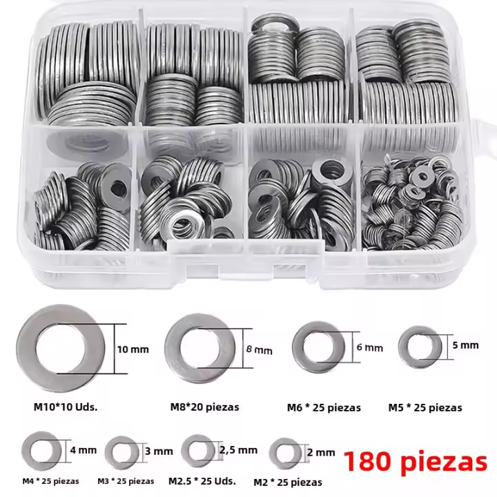 Juego De 180 Piezas De Anillas Planas Y Anillos De Acero Inoxidable Para Fijación De Componentes Kit De Guarniciones M2-M10 Para DIY De Madera - 1