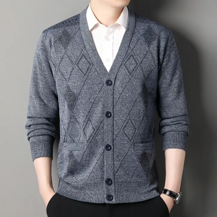 Cardigan De Punto Vintage Para Hombre Abotonado Casual De Otoño E Invierno Chaqueta De Suéter Con Cuello En V Y Mangas Completas - 1