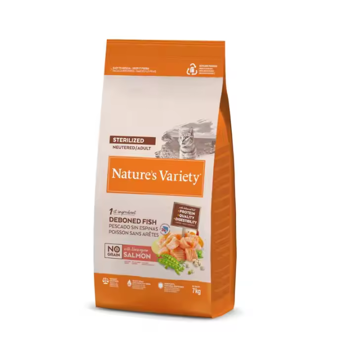 Nature's Variety Selected, Pienso para Gatos Adultos Esterilizados, Sin cereales, con Salmón noruego sin espinas, 7kg - 1