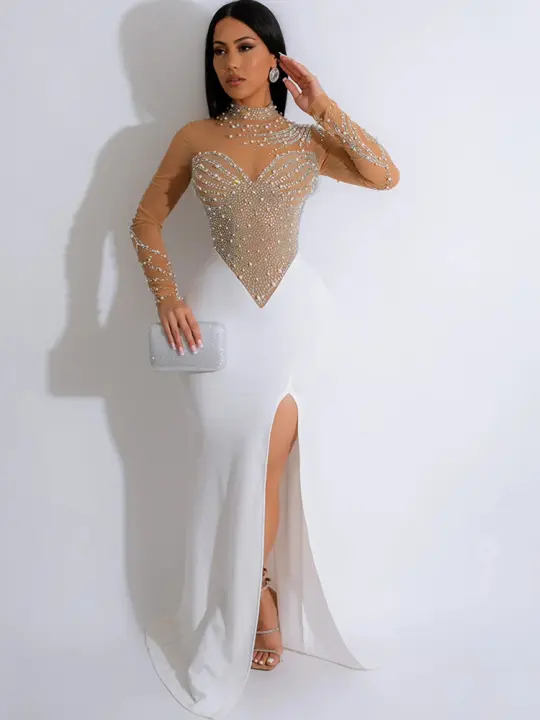 Beyprern Vestido Largo Maxi Para Mujer Con Broches De Cristal Y Abertura Alta Manga Larga Diamantes Ropa De Fiesta Para Celebridades - 1
