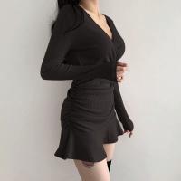 Vestido Mini Elegante De Mujer En Negro Con Cuello V Manga Larga Volantes Y Ajustado Estilo Y2k Para Otoño Ropa Moda - details 5