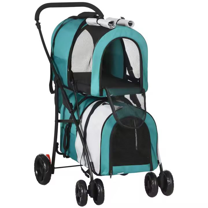 PawHut Cochecito Doble para Perros Gatos Cochecito Plegable para Mascotas con 2 Transportines Extraíbles Cinturón de Seguridad Bolsillos Laterales y 2 Cojines 66x50x98 cm Verde y Gris - 1