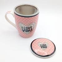 Taza infusión de cerámica Kozina con filtro de acero inoxidable rosa con lunares blancos y la frase "I LOVE YOU" 300 ml con tapa para mantener la temperatura - ideal para regalo no solo es una pieza decorativa sino un utensilio práctico para el día a día - details 3
